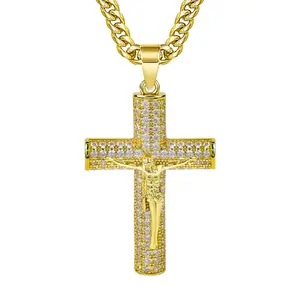 Gold-Plated Brass Cross Necklace, Jesus Christ Crucifix Cuban Figaro Chain for Men & Women, Hip Hop Jewelry Gift