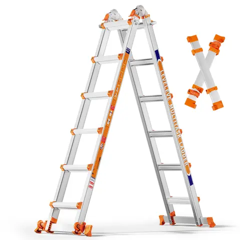 LEVELEVE Adjustable Aluminum Collapsible Portable Extension Ladder - Foldable Multi-Purpose A-Frame Step Ladder with Stabilizer Bars, Narrow Folded Width, 330LBS Load Capacity, Wheels, Both Indoor/Outd., Converts Easily for Home & Roof Work