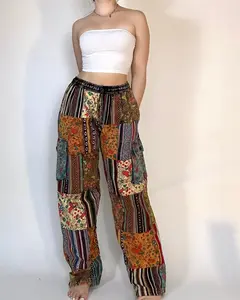 Mushroom Magic Pants - Comfortable Cotton Bottoms with Patchwork Design, Elastic Fit, Wide Pockets, Suitable for Women