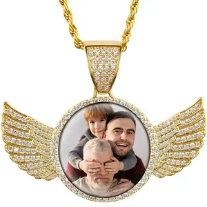 Fathers Day Gift Photo Necklacce for Men Women,Custom Photo Angel Wings Circular Pendant, Personalized Memorial Photo Pendant Necklace for Women Man