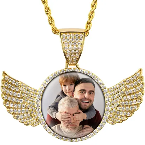 Personalized Angel Wings Photo Pendant Necklace - Iced Out Hip Hop Brass Memorial Jewelry with Metal Coating, Sentimental Gifts for Boyfriend, Custom Picture Personalized Jewelry for Men & Women