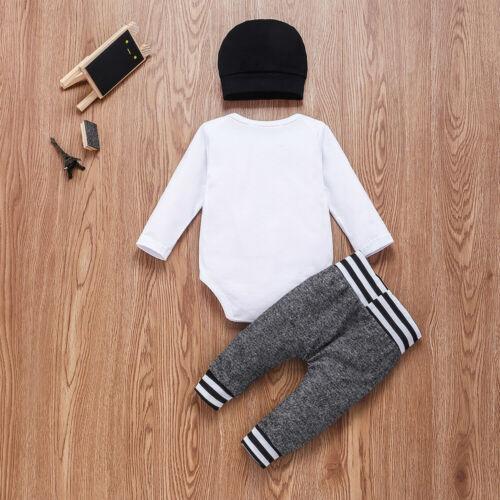 Baby Boys 3PCS Outfit Set, Long Sleeve Letter Pattern Envelope Neckline Romper, Long Straps Elastic Band Pants, Beanie Hat Set 0 3 6 12 24 Months