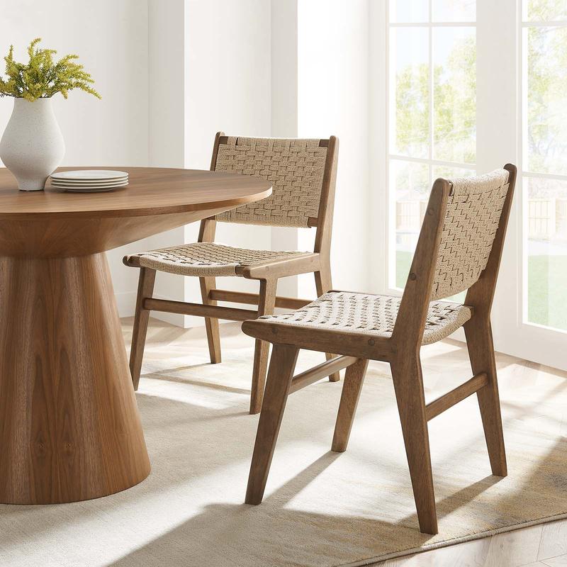 Modway Saoirse Woven Rope Wood Dining Side Chair in Walnut Natural