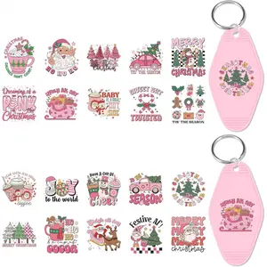 3DUV Christmas UV DTF Wrap Stickers -2PCS Pink Christmas UV DTF Stickers for Motel Keychain, Xmas Santa Claus Snowman Uvdtf Wraps, Waterproof UV DTF Transfer Stickers for Hotel Blanks Keychain