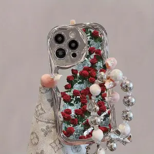 Rose Pattern Phone Case with Chain & Lanyard, Decorative Phone Protector Cover, Phone Accessories Compatible with iPhone 16 15 14 13 12 11 Plus Pro Max, Casing, Protective Phone Cover