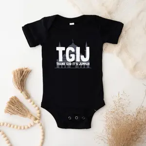 TGIJ (Thank God It's Jummah) Graphic Onesie by Humraha | Desi Arab Muslim Fashion Apparel Gifts for Ramadan Eid Nikkah Wedding Couples Families New Moms Aunts Uncles Grandparents | Pakistan India Bangladesh Palestine Lebanon Egypt Syria