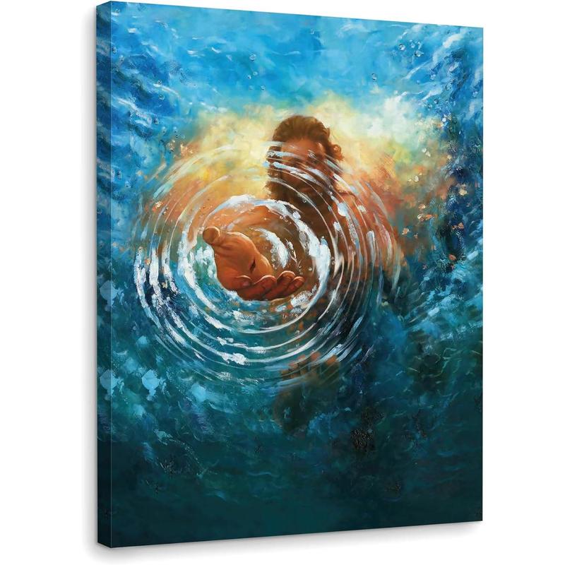 1 Count Framed Jesus Christ Canvas Wall Art The Hand of God Jesus Reaching Into Water Christian Painting Prints Biblical Wall Decor Religious Room Decor for Church Prayer Room Schools Hospitals 16x24inch