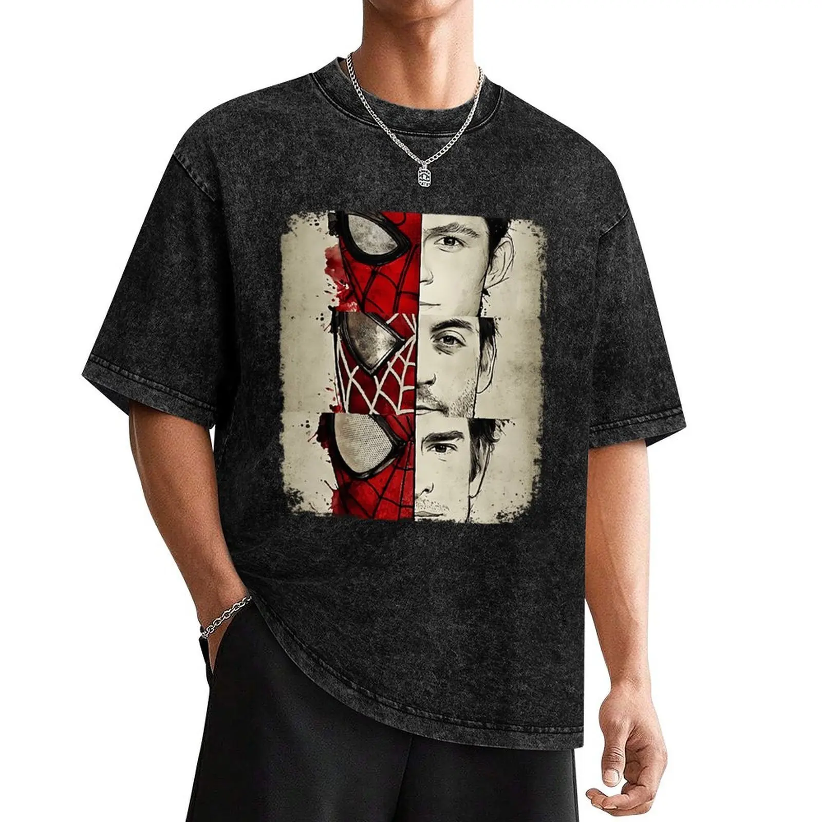 Men's Spider Inspired Superhero Graphic T Shirt, Vintage Washed Black Comic Style Tee, Oversized Streetwear Shirt, Retro Y2K Casual Gift