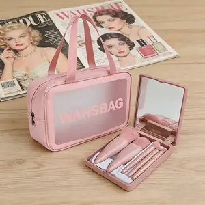 Portable Makeup Bag + Mini Makeup Brush Set, Waterproof Cosmetic Wash Bag, Travel Essential, Must-Have for Business Trips