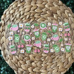 Macha Latte UVDTF Cup Wrap - Adorable Floral & Heart Design for Coffee Lovers