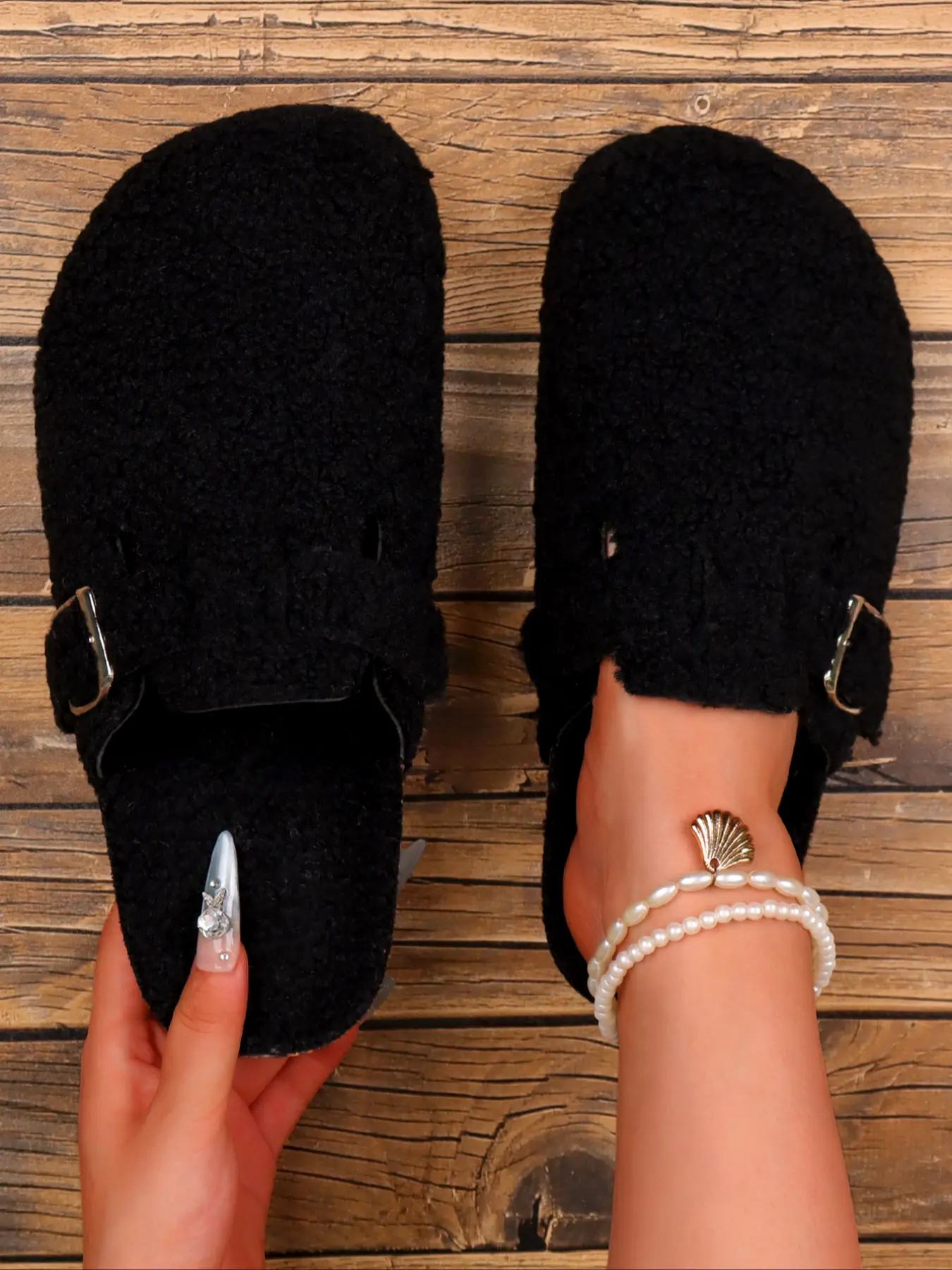 Women's Large Size Sheepskin Slip On Mules, Casual Fall Winter Warm Indoor Outdoor Office Shoes, Comfortable Hollow Design Flat Sandals, Fur Lined Clogs