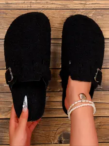 Women's Large Size Sheepskin Mules, Casual Fall Winter Warm Indoor Outdoor Office Shoes, Comfortable Hollow Design Flat Sandals, Fur Lined Clogs