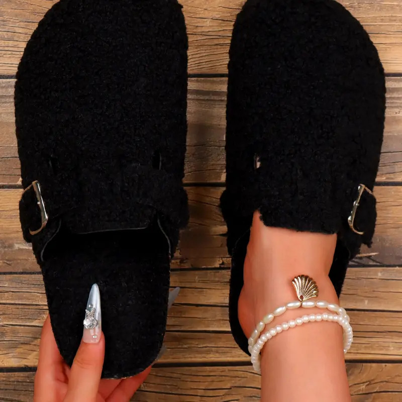 Women's Large Size Sheepskin, Casual Fall Winter Warm Indoor Outdoor Office Shoes, Comfortable Hollow Design Flat Sandals, Fur Lined Clogs, Clog Mules