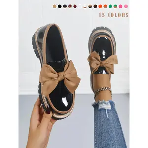 Women's Bowknot Loafers, Spring & Fall Casual PU Leather Shoes, Plain Pattern, Less Than Ankle Height, PVC Sole