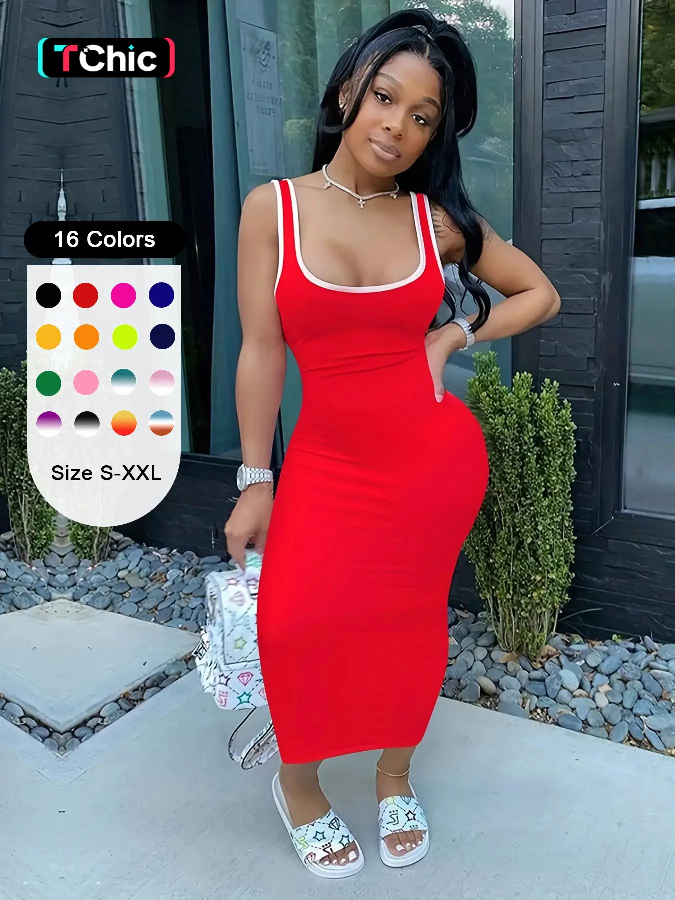 Women's Contrast Binding Square Neck Midi Tank Dress, Summer Clothes Women, Solid Sleeveless Bodycon Dress for Daily Wear, Ladies Clothes for Summer