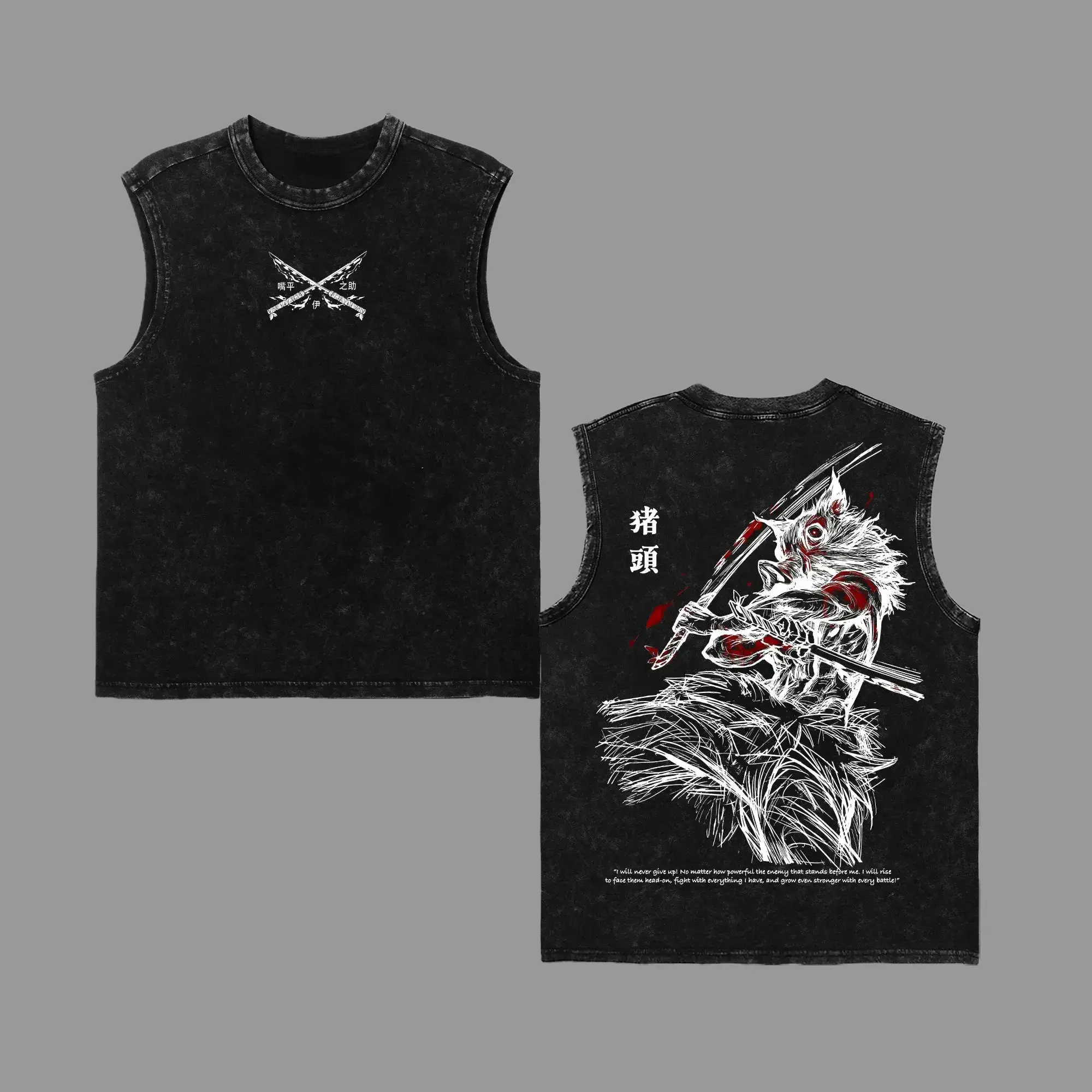 Men's Demon Slayer Inosuke Hashibira Tank Tops & T-Shirts - Vintage Washed Oversized Cotton Activewear, Retro 90s Double-Printed Manga Graphic, Lightweight Acid-Wash Gym Sportswear for Fitness Fans, 100% Cotton, Loose Fit, All Season, Smooth, Fabric, Mens