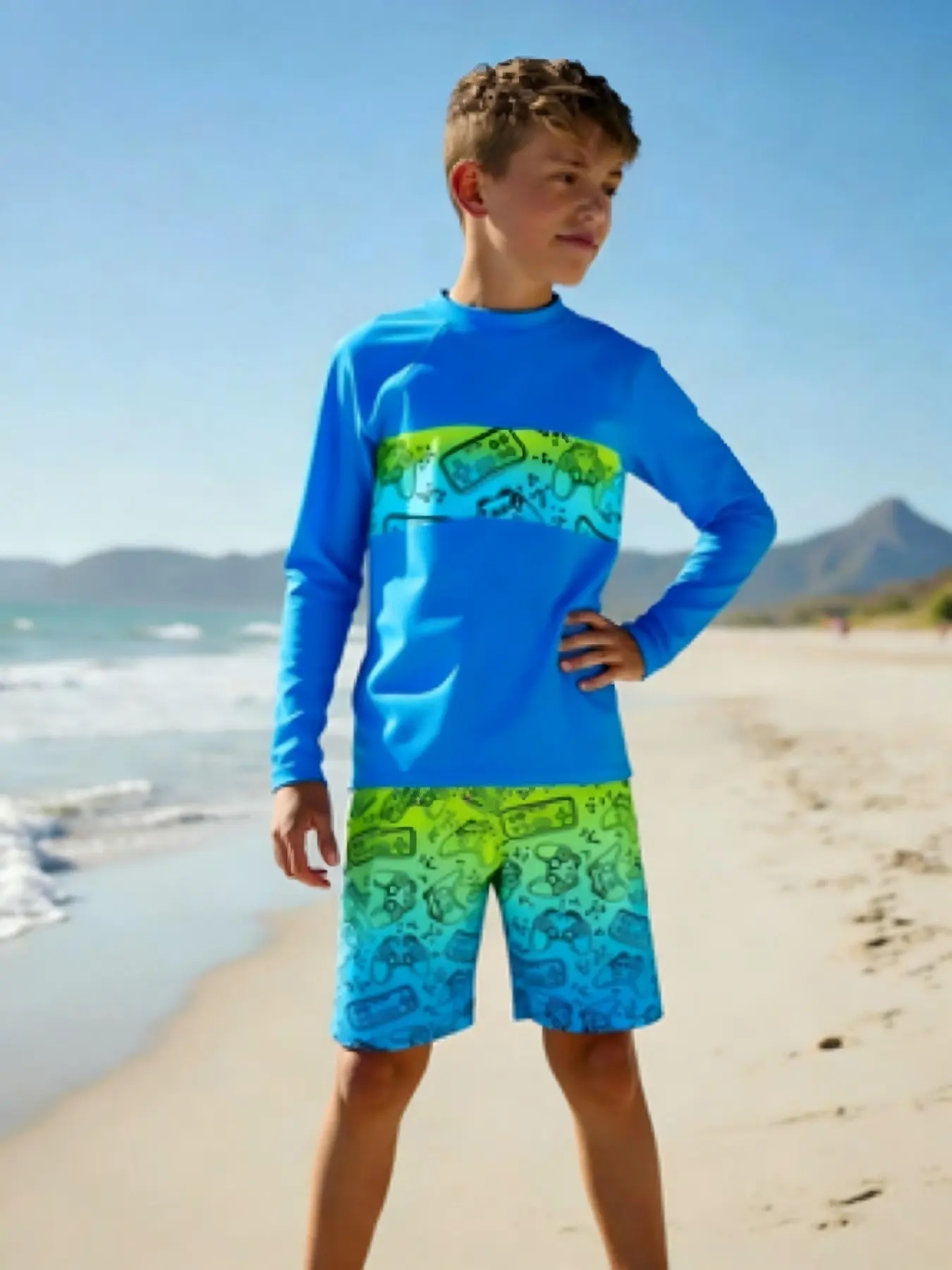 Summer Beach Kids Sun Protection Set Game Theme Allover Print Cool Quick-Dry Surf Water Play Two-Piece Swimwear Sets Swimsuit Sets