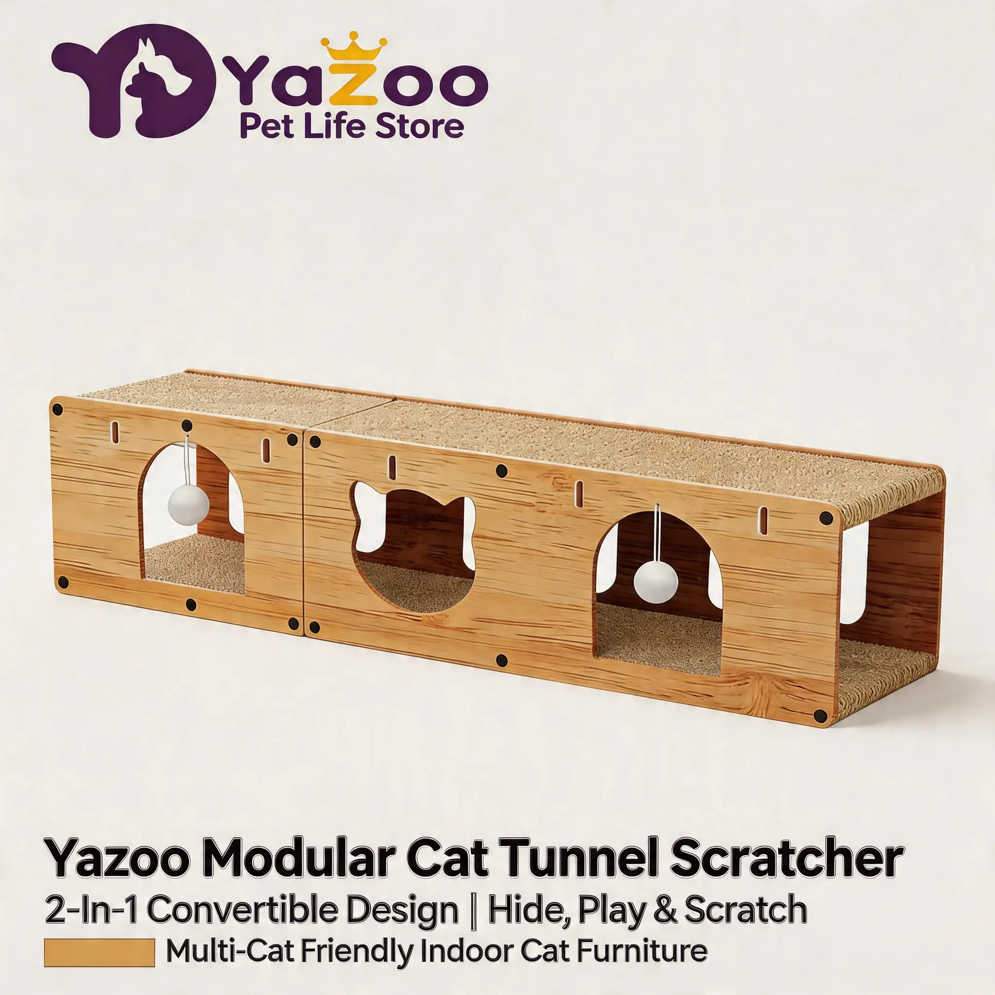 Cat Scratcher Tunnel, 2-in-1 Cat House & Play Tunnel with Cat Toys, Sturdy Wooden Cat Furniture for Kittens & Adult Cats  100 Long Cat Tunnel 100x30cm with Cat Cave Play Ball & Scratcher for Cats