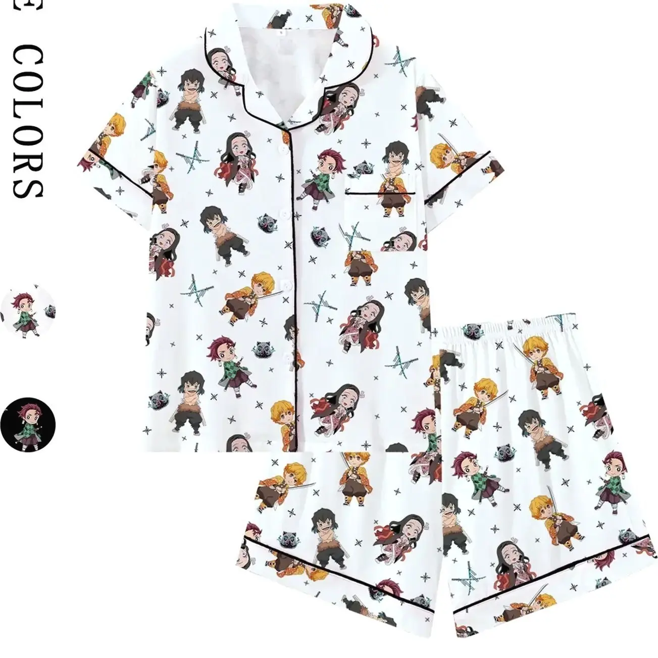 Men's & Teens' Anime Demon Slayer Collared Short Sleeve Fitted Pajama Set, Comfortable Casual Sleepwear & Loungewear for All Seasons, Anime Pajamas Pjs Pyjamas Gift