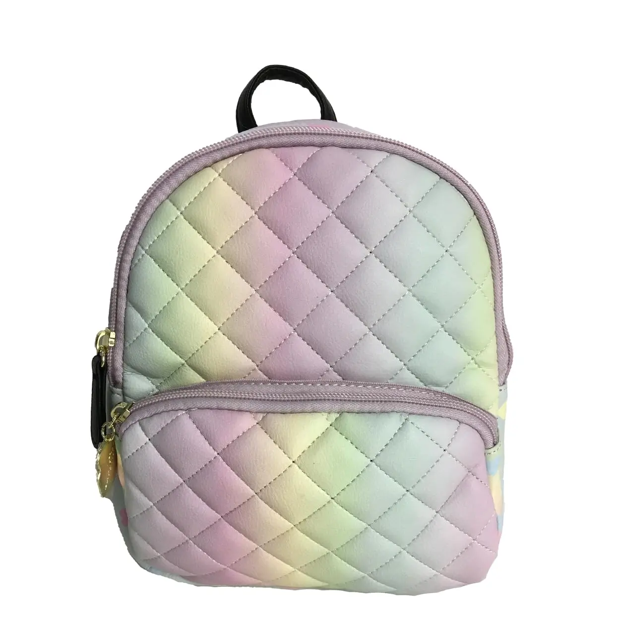 Luv Betsey Johnson B-Peyton Female Rainbow Multi Mini Backpack - Faux Leather Quilted Diamond Pattern Rucksack with Playful Pastel Hearts, Multiple Compartments, Zipper Pulls, Multiple Comp.