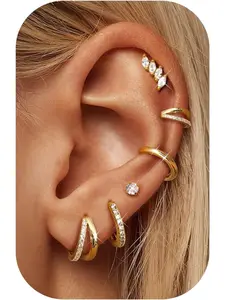 6 Pairs Earrings for Women Gold Plated Small Hoop Earring, Huggie Stud Chunky Stacks Earring Hypoallergenic 316L Surgical Steel Flat Back Earrings Set for Multiple Piercings Gold Silver Earring Stacking Set