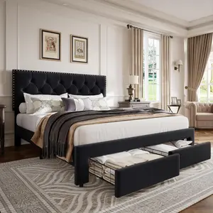 Garvee Upholstered Bed Frame with Storage Drawers, Wooden Slat Support, Button Tufted Headboard, Noise-Free Design, No Box Spring Needed, Available in Queen Black and Full Beige Sizes