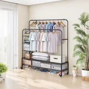 Clothing rack double rod, multi-purpose drying rack for hanging clothes, heavy duty portable with bottom metal rack for drying coats and shirts