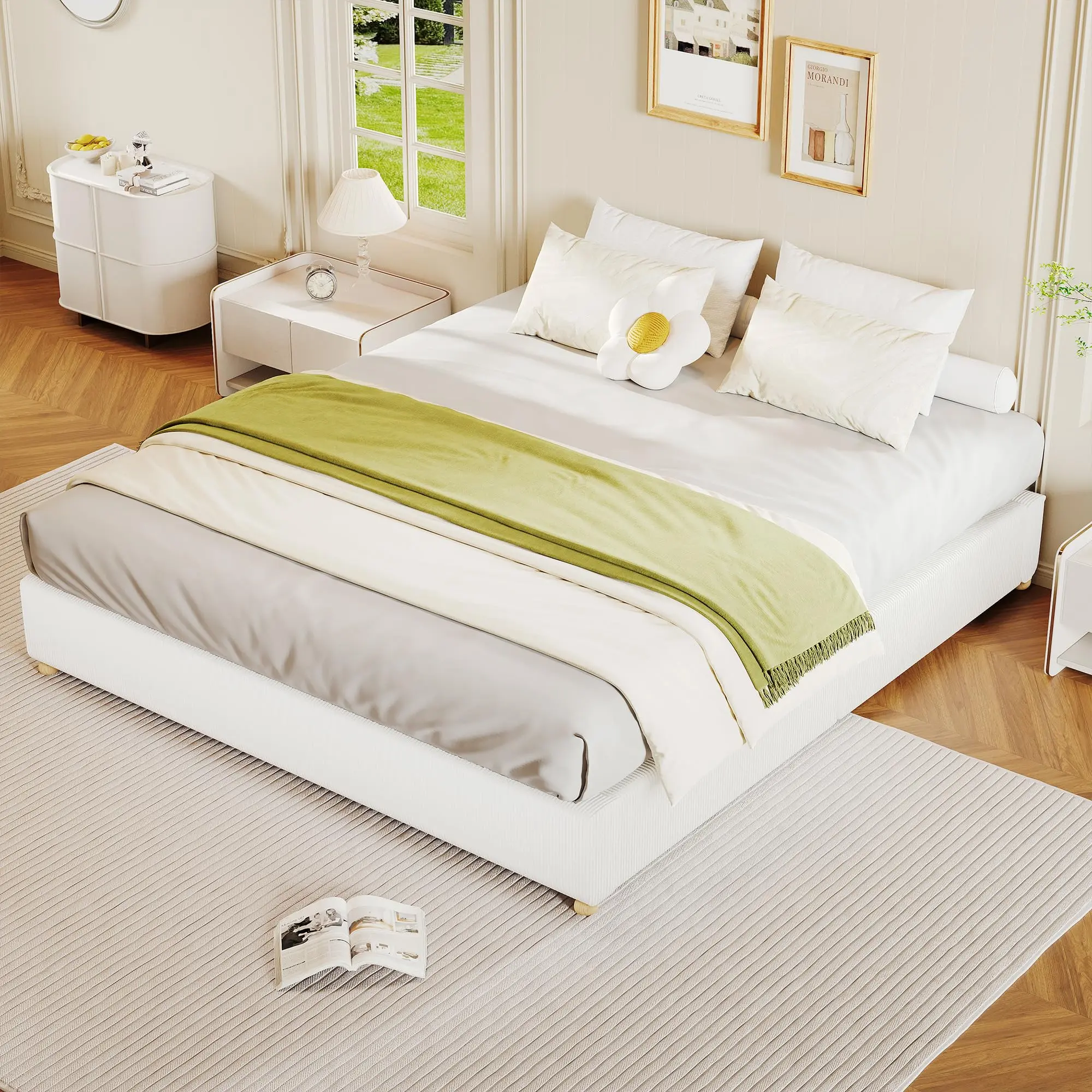 White Queen Size Cloud Bed Frame，Corduroy Low Bed Frame Without Headboard, Thick Fabric Upholstered Platform Bed, Solid Wood Legs, No Box Spring Needed, Never Squeak, Easy Assembly