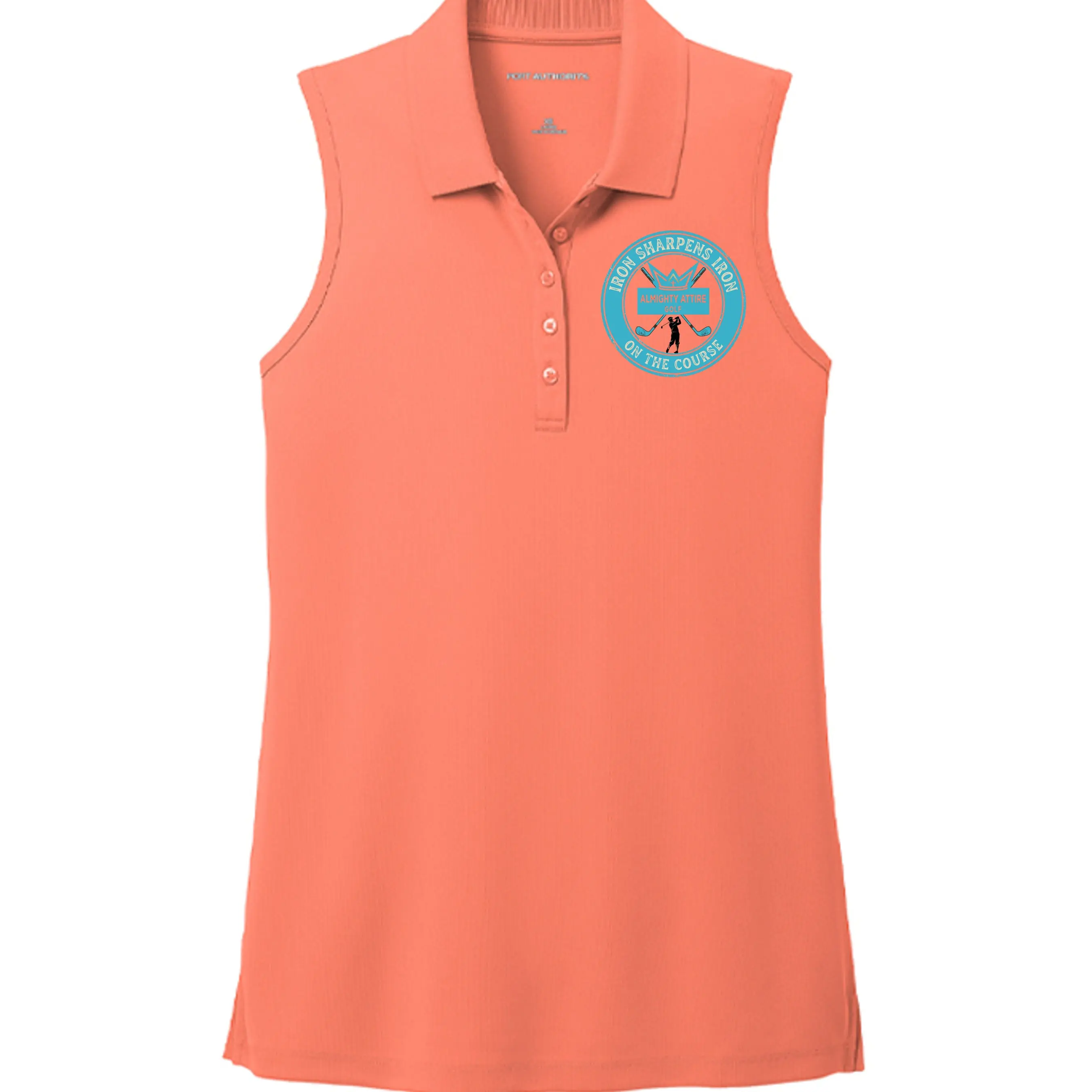 Women's Iron Sharpens Iron Logo Golf Polo, Sleeveless Polyester Pique Top with Pearlized Buttons, Quick Dry UPF 30, Tag-free Label, Uv Protection, Sporty Sports Tops, Golf Course, 4.6-Ounce