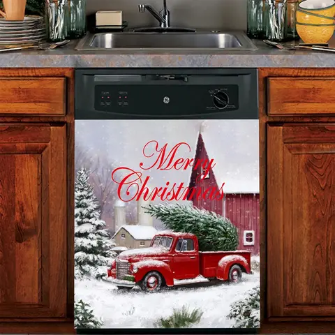 2pcs Truck & Merry Christmas Magnetic Decorative Dishwasher Stickers, Sticker Set, Festive Home Decor, Appliance Decals for Refrigerator, Washer, Dryer