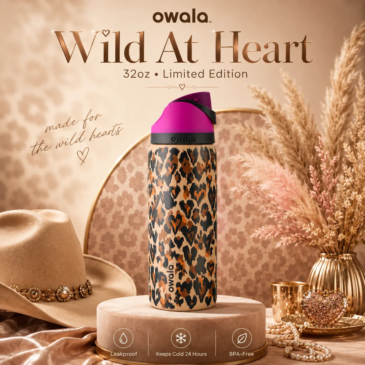 Owala Wild At Heart 32oz FreeSip Water Bottle – Limited Edition Leopard Print Insulated Stainless Steel Bottle with Straw