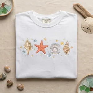 Embroidered Seashell Crewneck Comfort Color Tee: Beach Nautical Beachwear