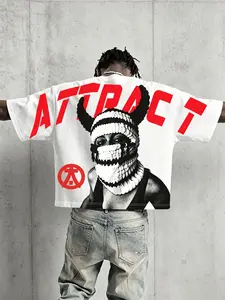 American Street Style Reversible Print Round Neck Short Sleeve T-Shirt, Logo & Bull Horn Mask, Attract Slogan, Loose Fit, Unisex, Streetwear