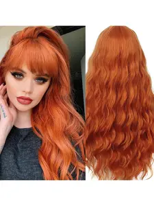 Long Orange Wig with Bangs,Ginger Wavy Wigs for Women,26 Inches Heat Resistant Synthetic Orange Wig For Daily Cosplay Party Use