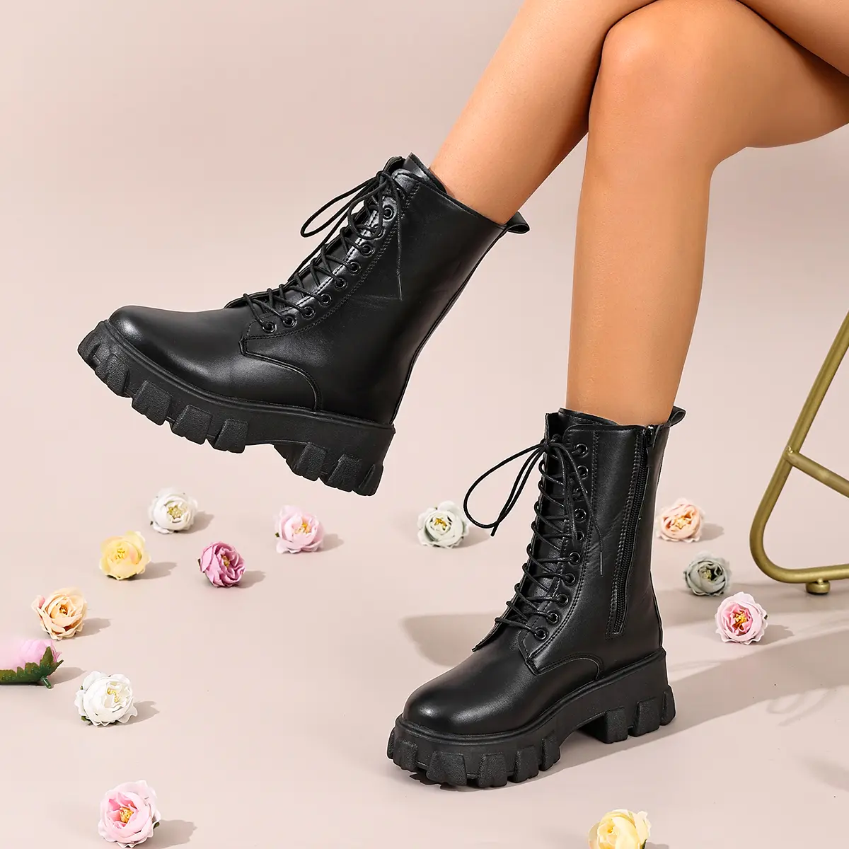 AOPLUS Women's Mid-Calf Geometric Cowhide Leather Round-Toe Platform Boots - Black, Lace-Up, Chunky Heel, Side Zipper, Rubber Sole, Y2K Grunge Dark Streetwear Alt Fashion Everyday Shoes