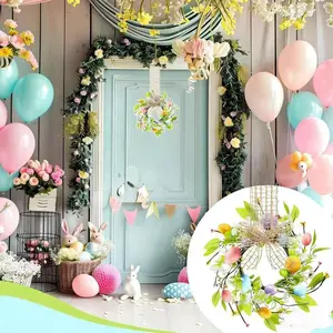 3-Piece Easter Wreath Set, Miniature Egg & Ribbon Bow Decorations, Spring Artificial Easter Egg Garland, Kitchen Cabinet Window Door Table Decoration, Decorative Flower Wreath