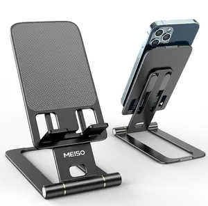 MEISO Cell Phone Stand, Fully Foldable Phone Holder for Desk, Desktop Mobile Phone Cradle Dock Compatible with iPhone, Samsung Galaxy, iPad Mini, Tablets Up to 10” (Black)