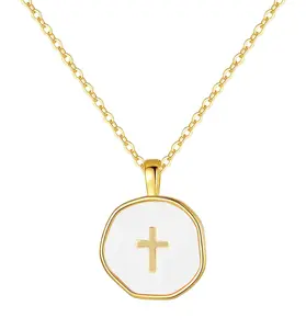 Gold Enamel Mini Cross Necklace Tiny Mother of Pearl Cross Necklace Religious Christian Gift for Baptism First Communion Christmas