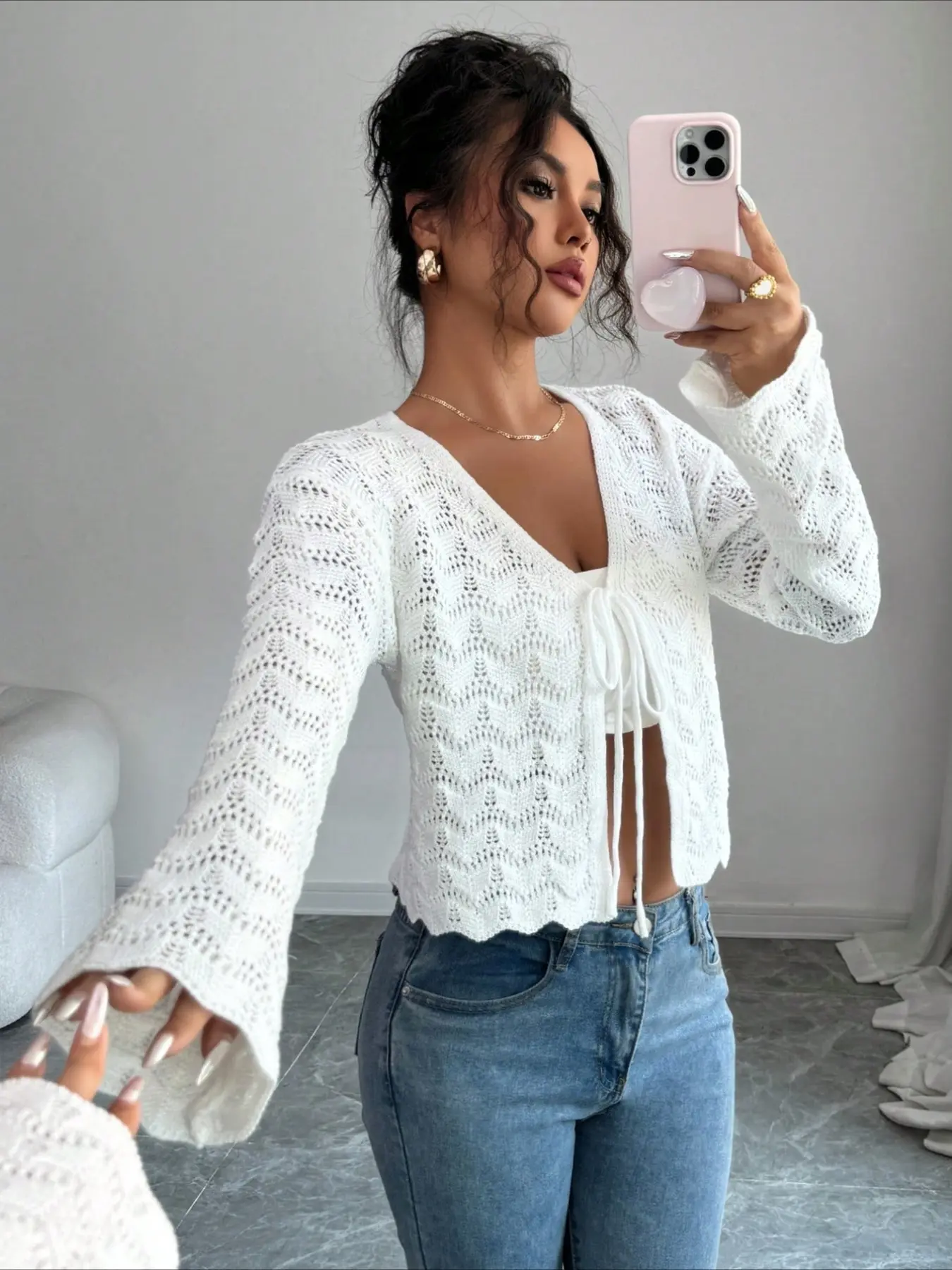 Elegant Women's Fitted Short Sleeve Top, Y2K Style Solid Color Casual Knitted Knitwear, Summer Beach Sun Protection, Casual Daily Wear, Lightweight, Breathable, Vneck, Long Sleeve, Knot, Casual Fashionable Top, Womenswear
