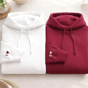 Custom Embroidery Initial Heart sleeve Hoodie, Personalized Valentines Sweatshirt, Embroidered Couples Outfit E