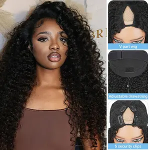 Deep Wave V Part Wig Human Hair Upgrade Glueless Wigs 100% Real Human Hair U part Half Wigs With Clip in V Part Wig Glueless With Elastic Drawstring Deep Curly Human Hair Beginner Friendly 26 Inch