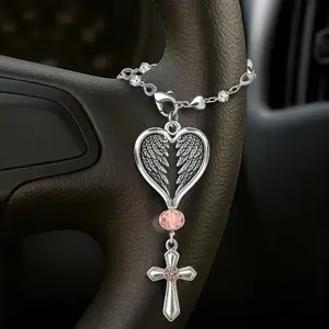 Guardian Heart Wing Cross Charm, Car Steering Wheel Pendant, Crystal Decor for Auto Interior, Bag Accessory, Polished Finish, Car Interior Decoration, Car Accessories