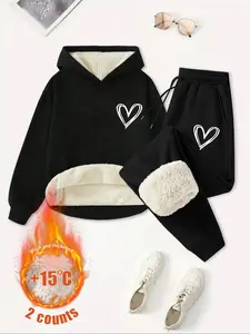 Women's Fleece Lined Long Pants Set, Hooded Sweatshirt with Drawstring Joggers, Heart Print, Casual Fall & Winter Wear