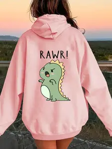 Women's Dinosaur & Letter Print Drawstring Hoodie, Fashion Casual Hooded Sweatshirt For Daily Holiday Outdoor Wear, Women Clothing For Fall & Winter