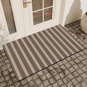 1 Pc Khaki Striped Printed Door Mat With Linen Surface, Diatomaceous Earth For Anti Slip And Water Absorbing, Water Absorbent Rug, Indoor & Outdoor Use, Kitchen, Bathroom, Bedroom Decoration, Home Decor Mat