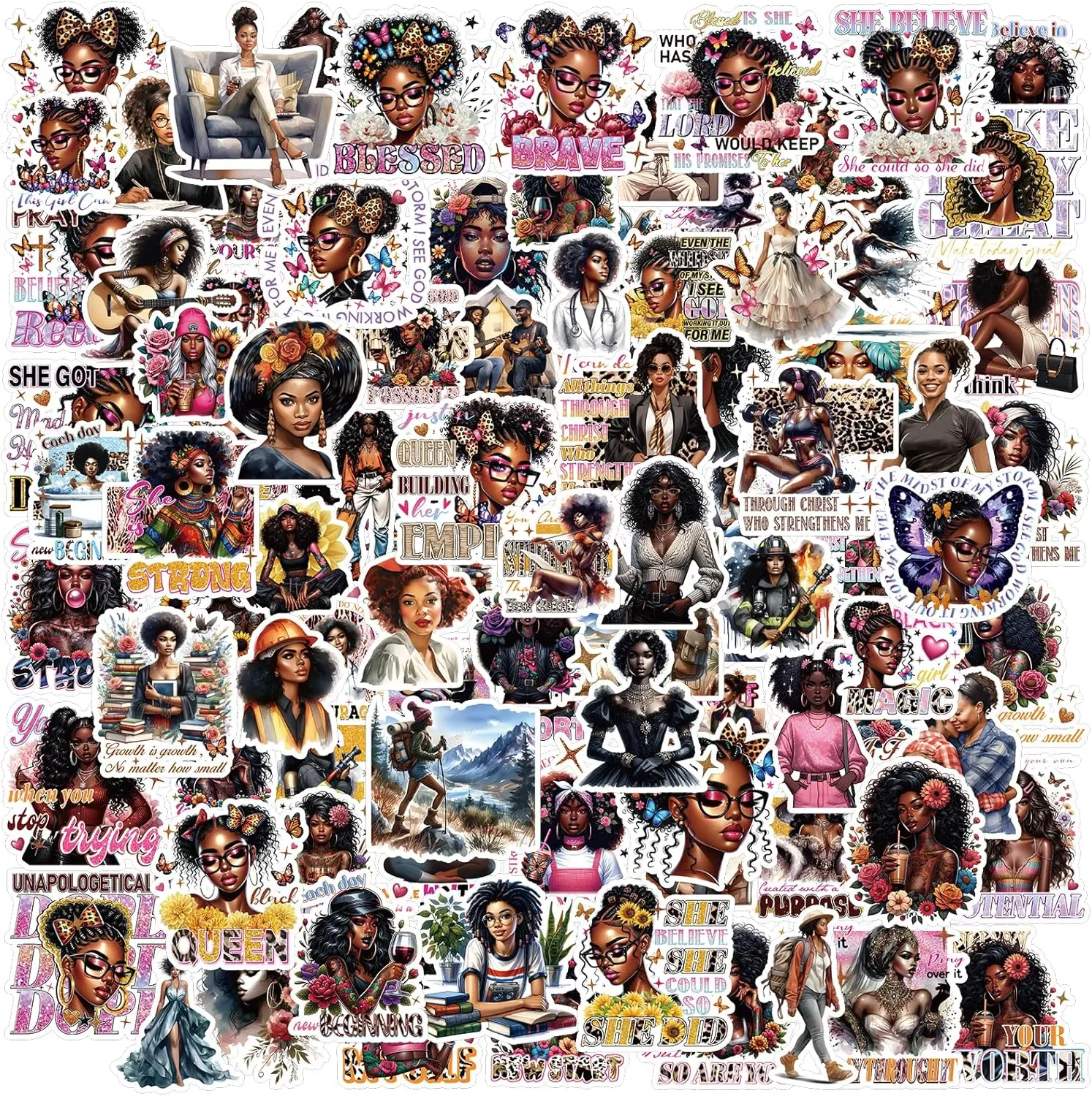 Women's Black African American Affirmation Slogan Cellphone Stickers - 100 Pcs Inspirational Decals for Journaling, Water Bottles