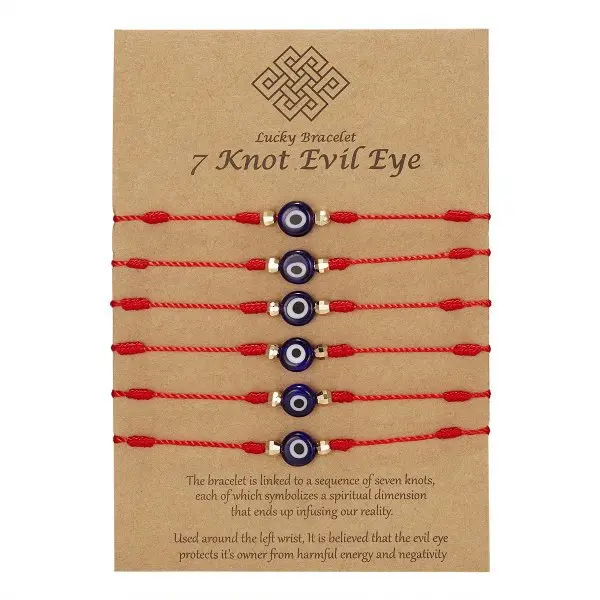 6 Pack 7 Knot Evil Eye Bracelets – Adjustable Lucky String Bracelet Set, Red Blue Black & Mixed Colors, Friendship & Gift Bracelets