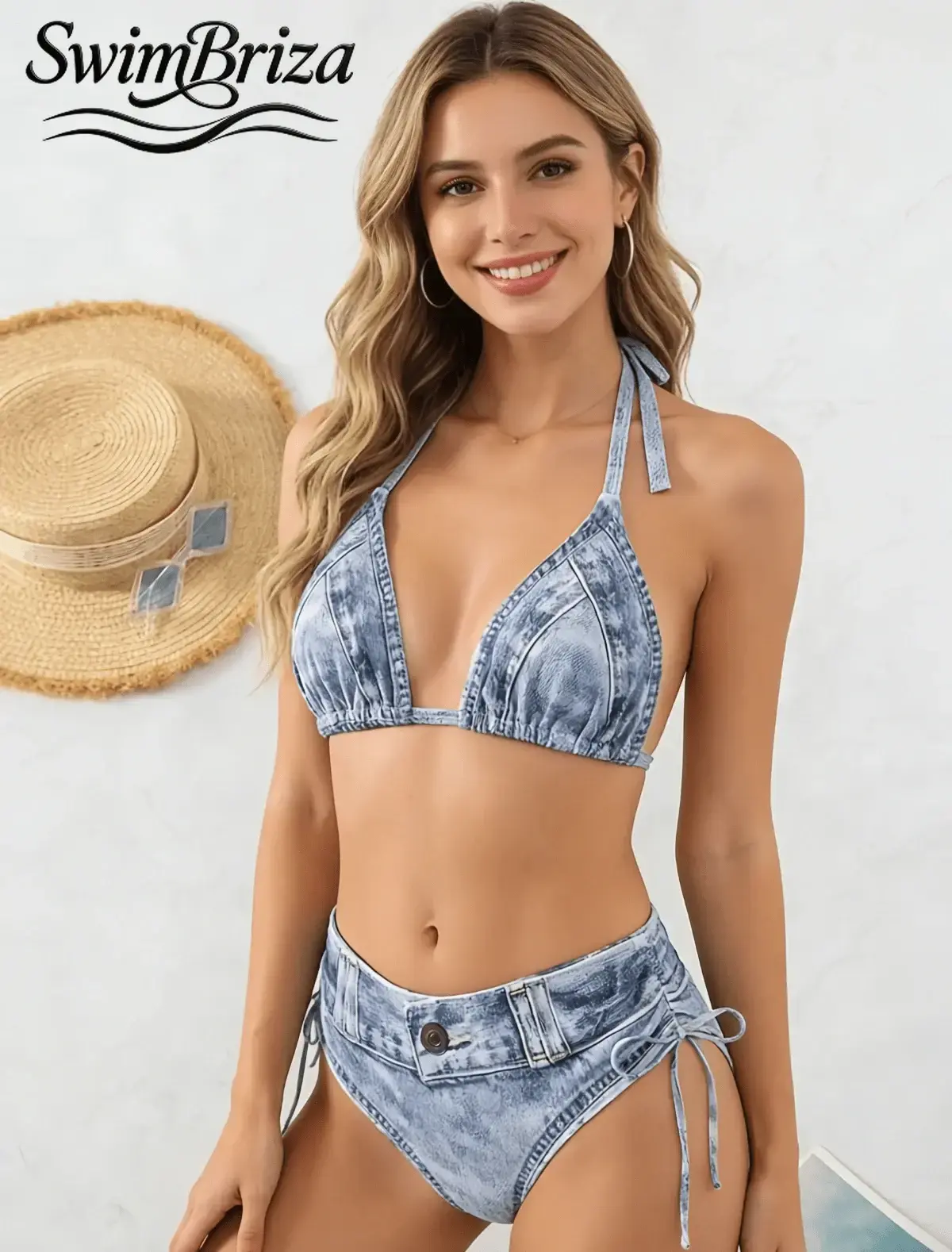 Briza｜Halter Triangle Biknis Faux Denim High Waisted Bikini Sets With Side Tie Bottoms For Swimsuits 2 Piece Styling, Two-Piece Swimsuit And High Waisted Bathing Suit Women Set For Vacation Swimwear For Women, Swimsuit For Women Beach Look