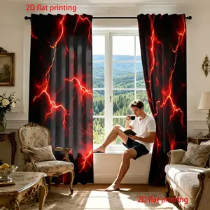 2-piece set of dark red lightning pattern curtains, semi blackout and heat-insulating bedroom curtains, personalized style living room decoration curtains, semi transparent polyester material Window Curtains