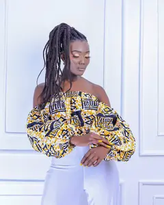Tatu Off-Shoulder Puff Sleeve Women's Ankara Top (Gold & Black Print)